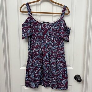 Reborn Cold-Shoulder Burgundy and Blue Patterned Top or Short Dress, Medium